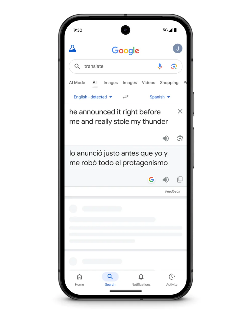 A screenshot of the Google Translate app.