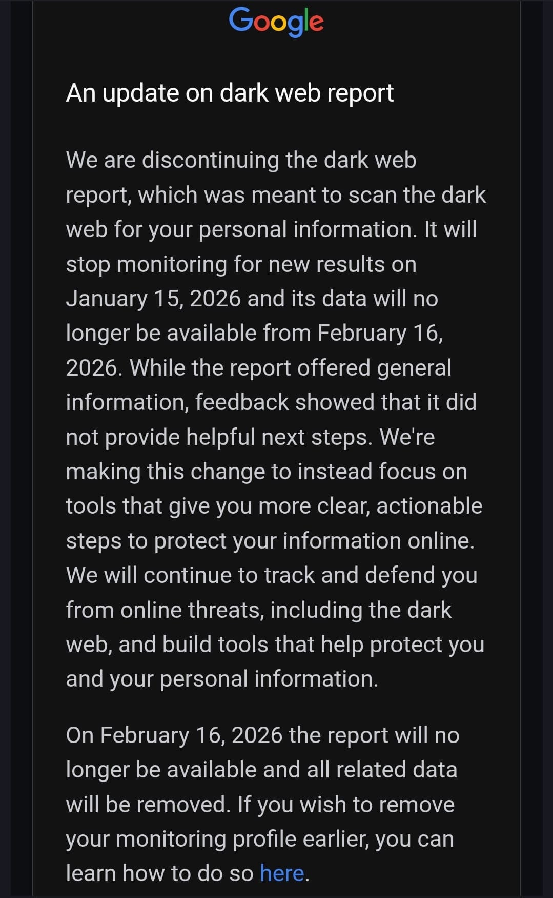 Google&amp;#039;s dark web report discontinuation message.