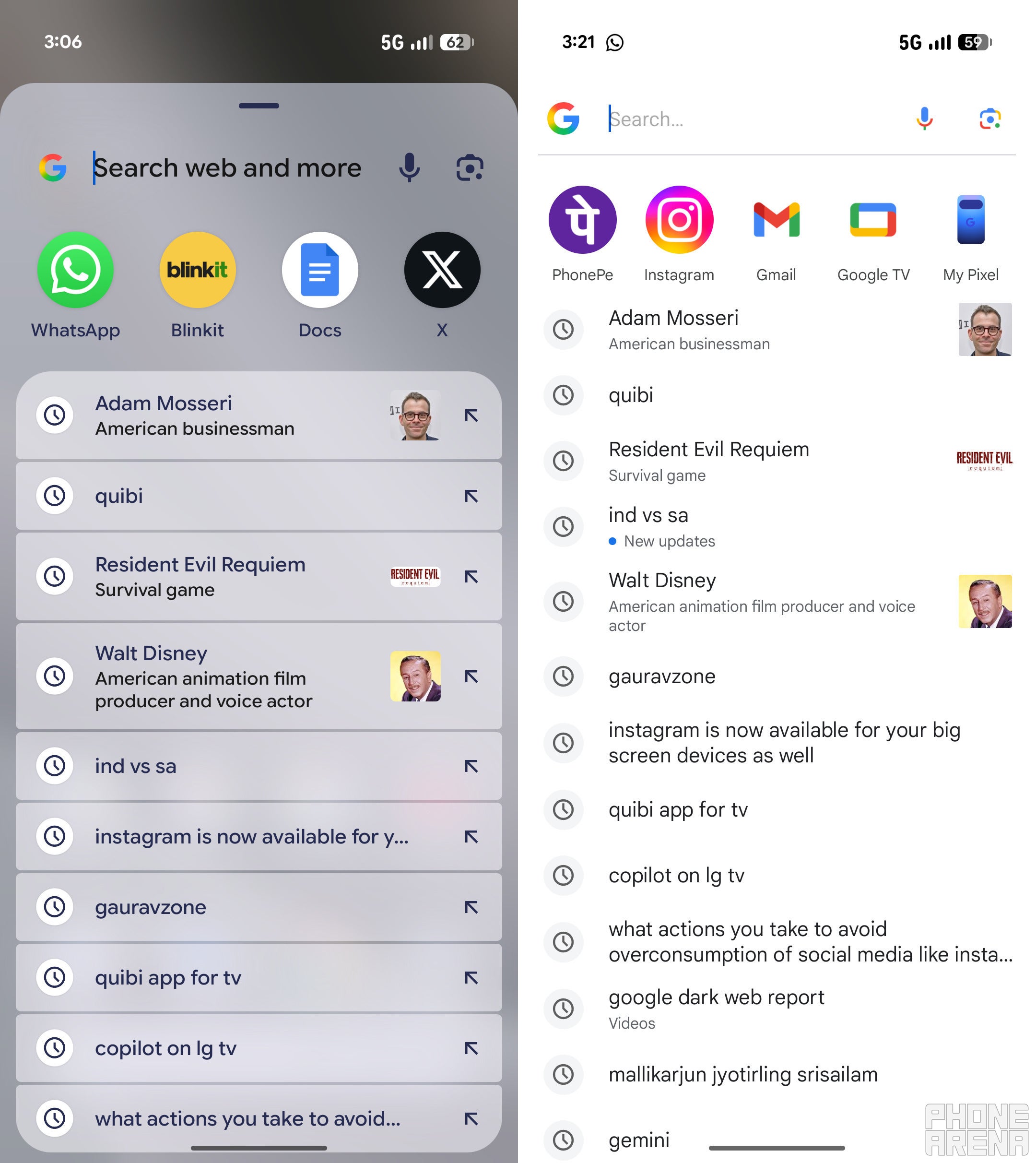 Previous search experience on Pixel smartphones the left and new search experience on the right.