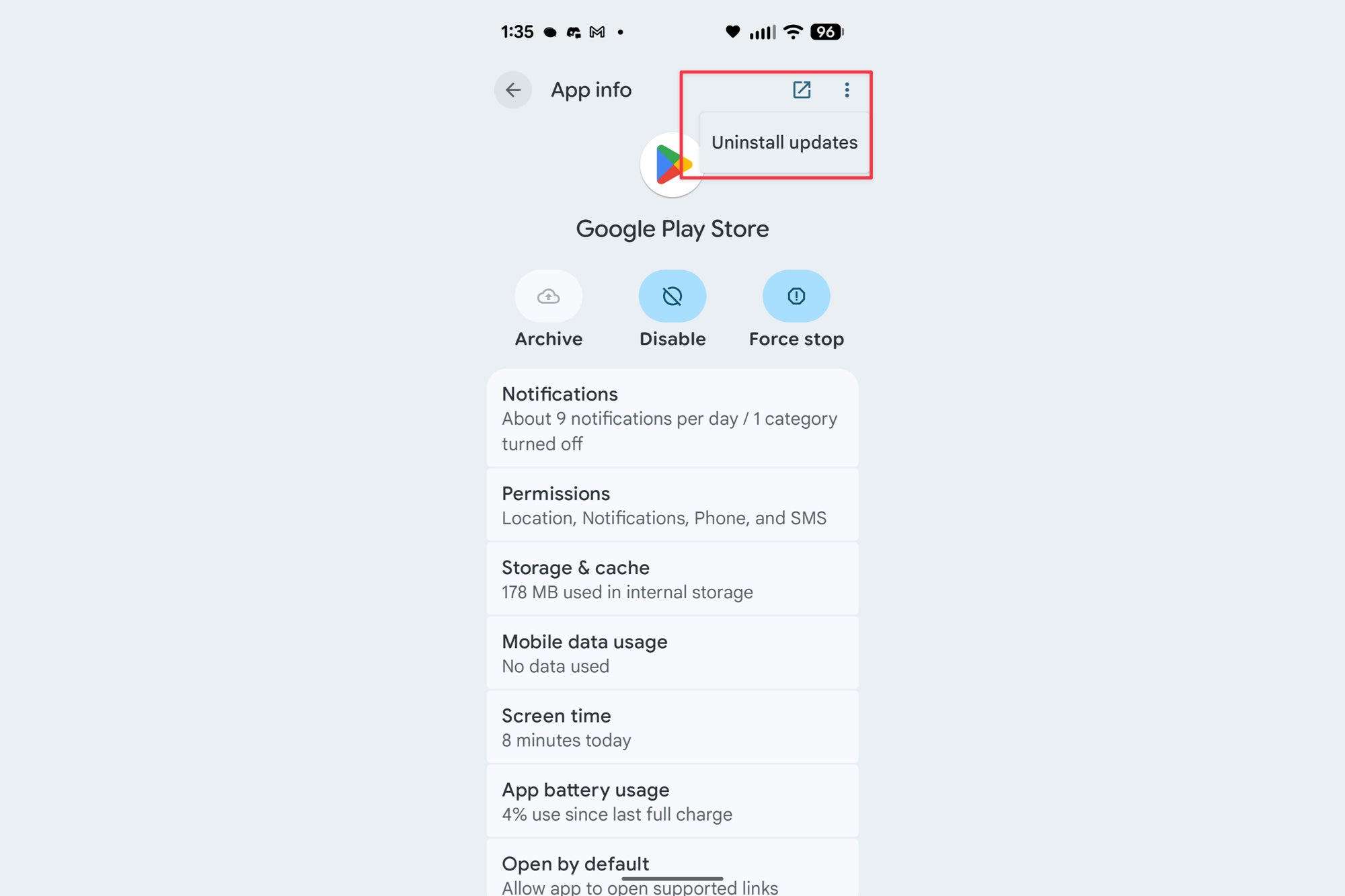 Screenshot of where to uninstall Play Store updates