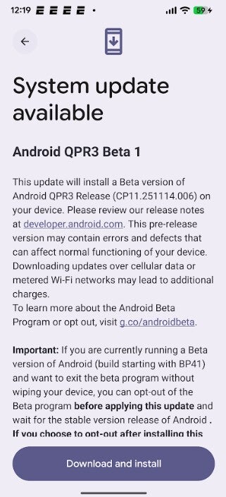 Screenshot shows release of Android 16 QPR3 Beta 1.