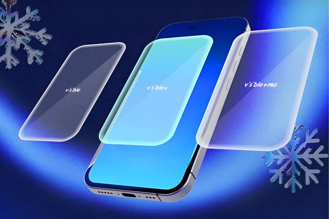 A smartphone with three transparent floating panels showcasing &amp;#039;visible&amp;#039;, &amp;#039;visible+&amp;#039;, and &amp;#039;visible+ PRO&amp;#039; service plans.