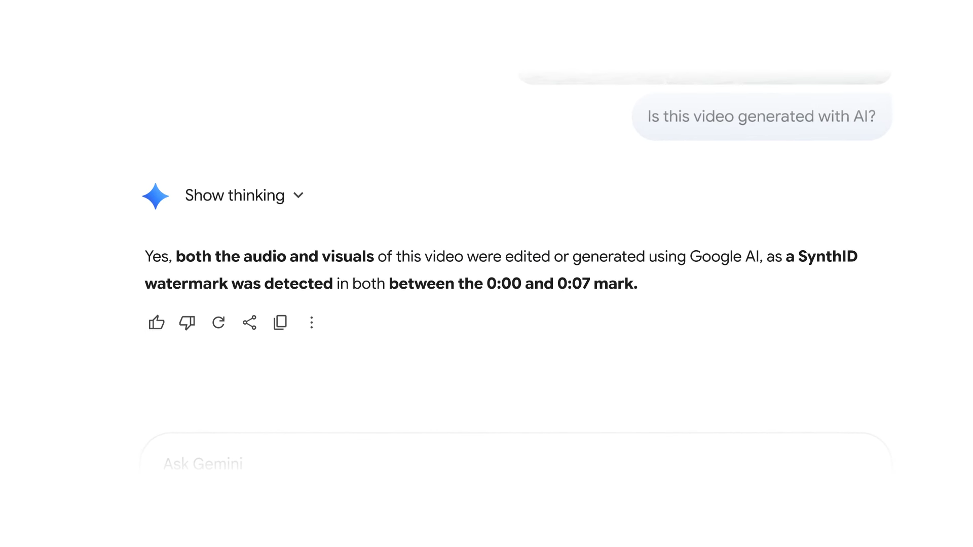Gemini&rsquo;s response on whether the uploaded video is AI-generated or not.