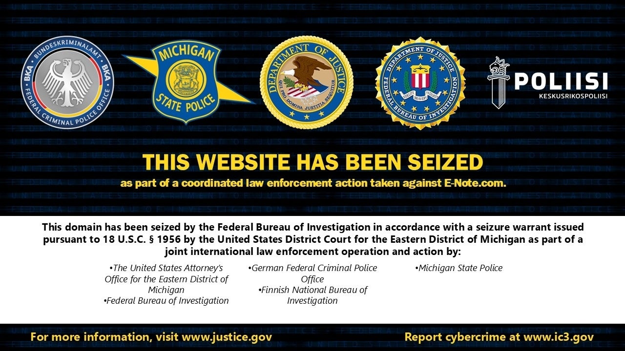 An official digital notice informing users that the website E-Note.com has been taken down.