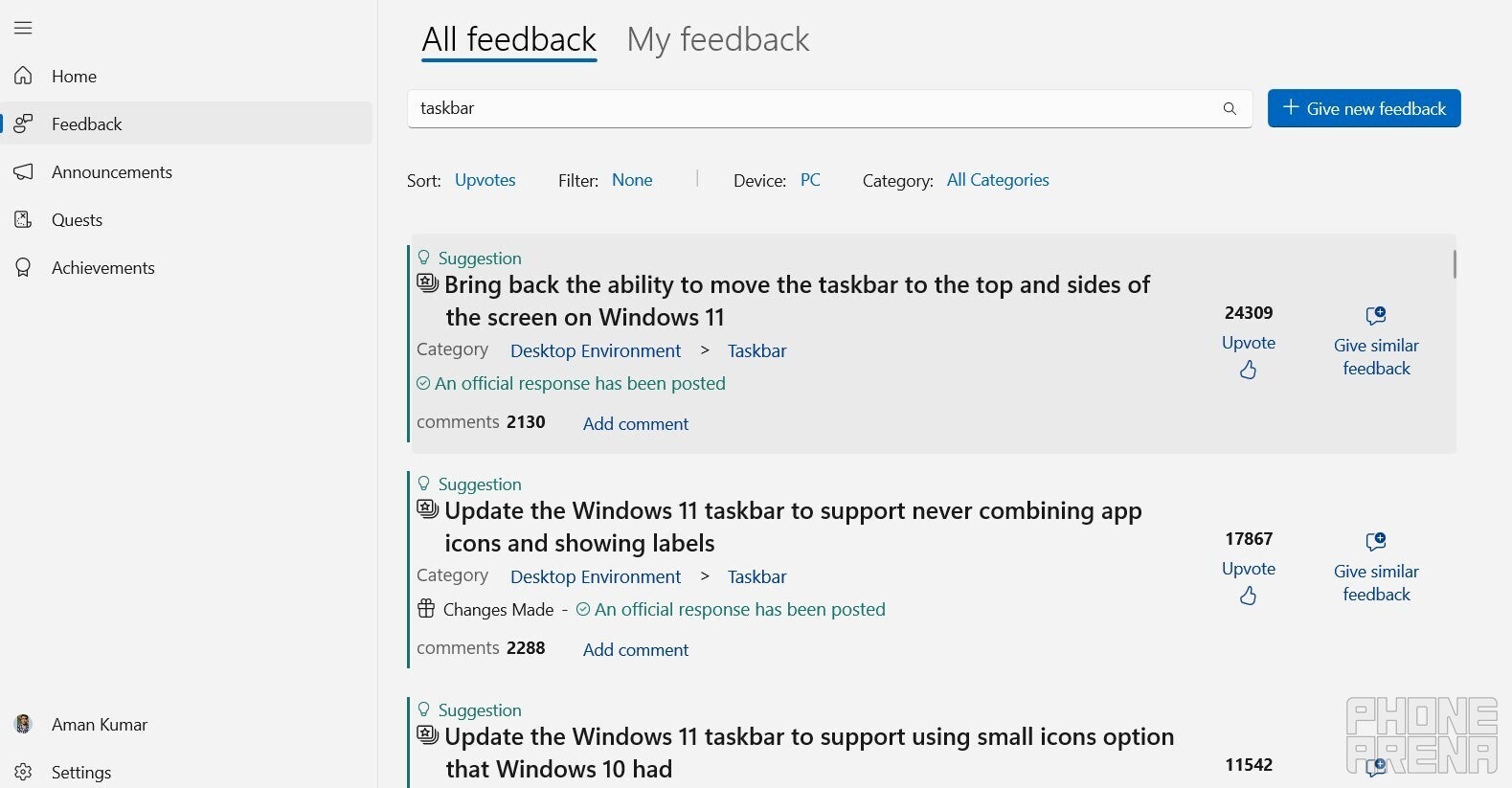 Microsoft Feedback Hub showing results for the &amp;quot;taskbar&amp;quot; keyword.