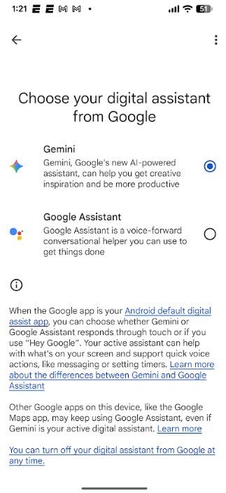 Screenshot shows page on Pixel allowing you to switch from Google Assistant to Gemini.
