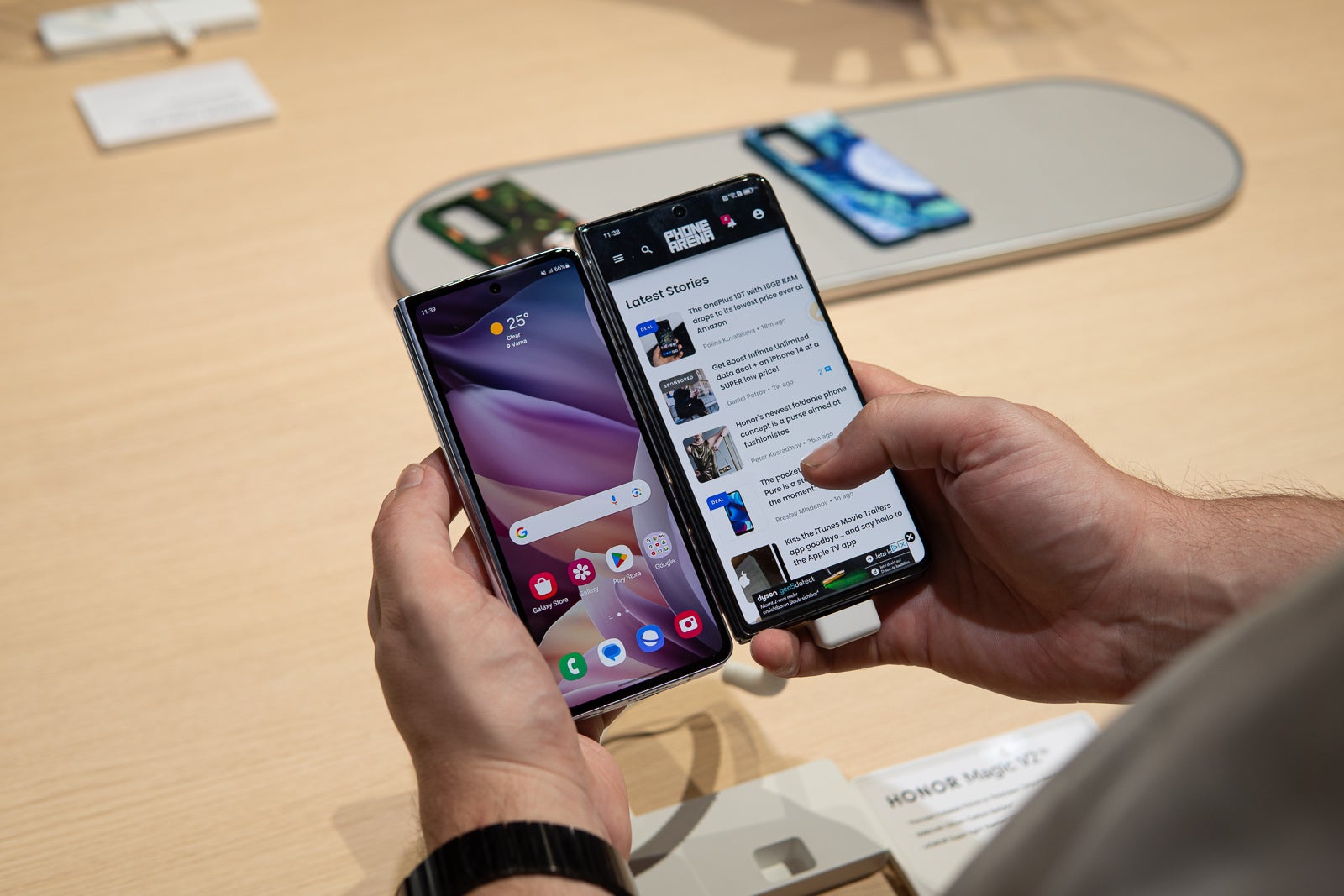 Samsung Galaxy Z Fold 5 next to the Honor Magic V2. | Image credit &ndash; PhoneArena - The iPhone Fold may be doomed to flop, and it has nothing to do with Samsung