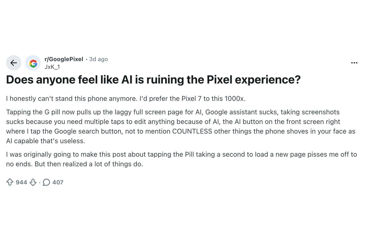 Pixel users not happy with AI