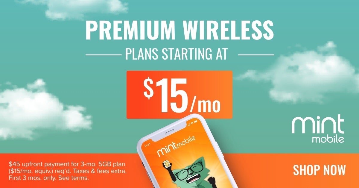 A promotional image of Mint Mobile with pricing on premium wireless plans.