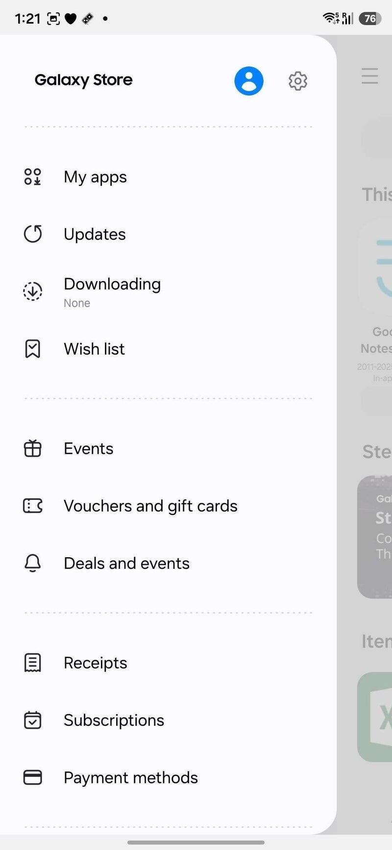 New Galaxy Store menu moved to a slide-out panel.
