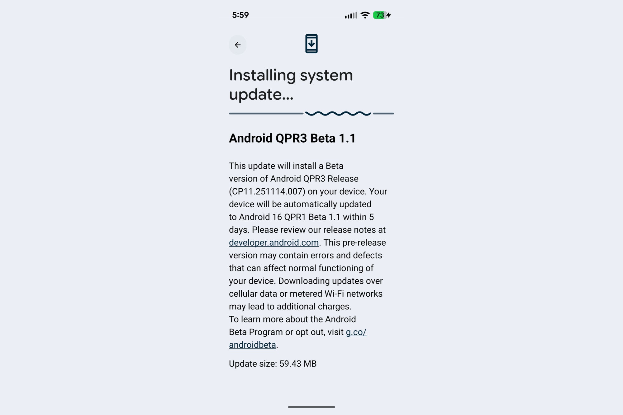 Screenshot of Android QPR3 Beta 1.1 update installation