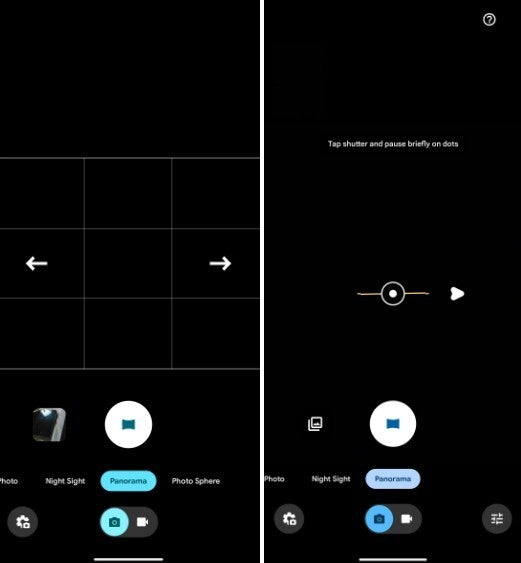 Side-by-side screenshots show the old and new Pixel Panorama modes in Pixel 7 and Pixel 8 respectively.