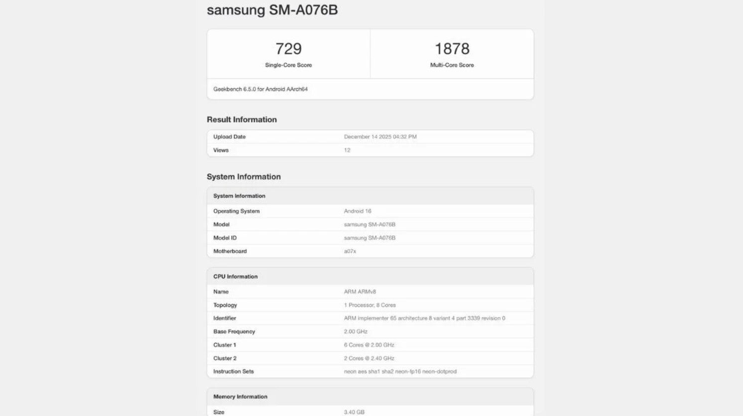 Samsung A07 5G listed on the Geekbench database. | Image by SamMobile - Looking for a long-lasting budget phone? Samsung's upcoming Galaxy A07 5G is worth watching
