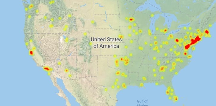 Outage map shows issues for Verizon in the Northeast U.S. and other locations. | Image credit-Is the Service Down - Verizon briefly down in New York City Monday morning