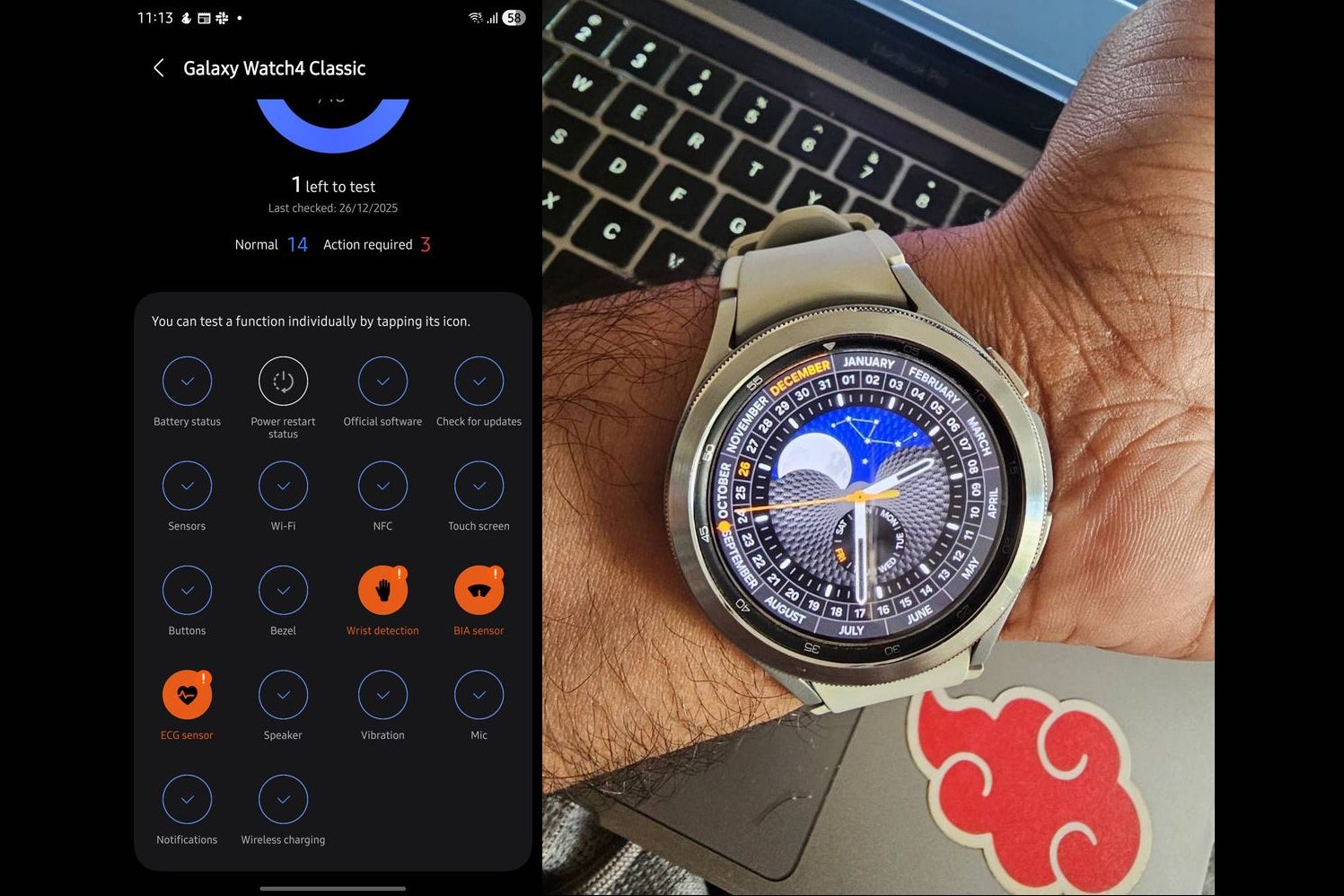 Screenshots of sensor issue with the new One UI 8 watch update