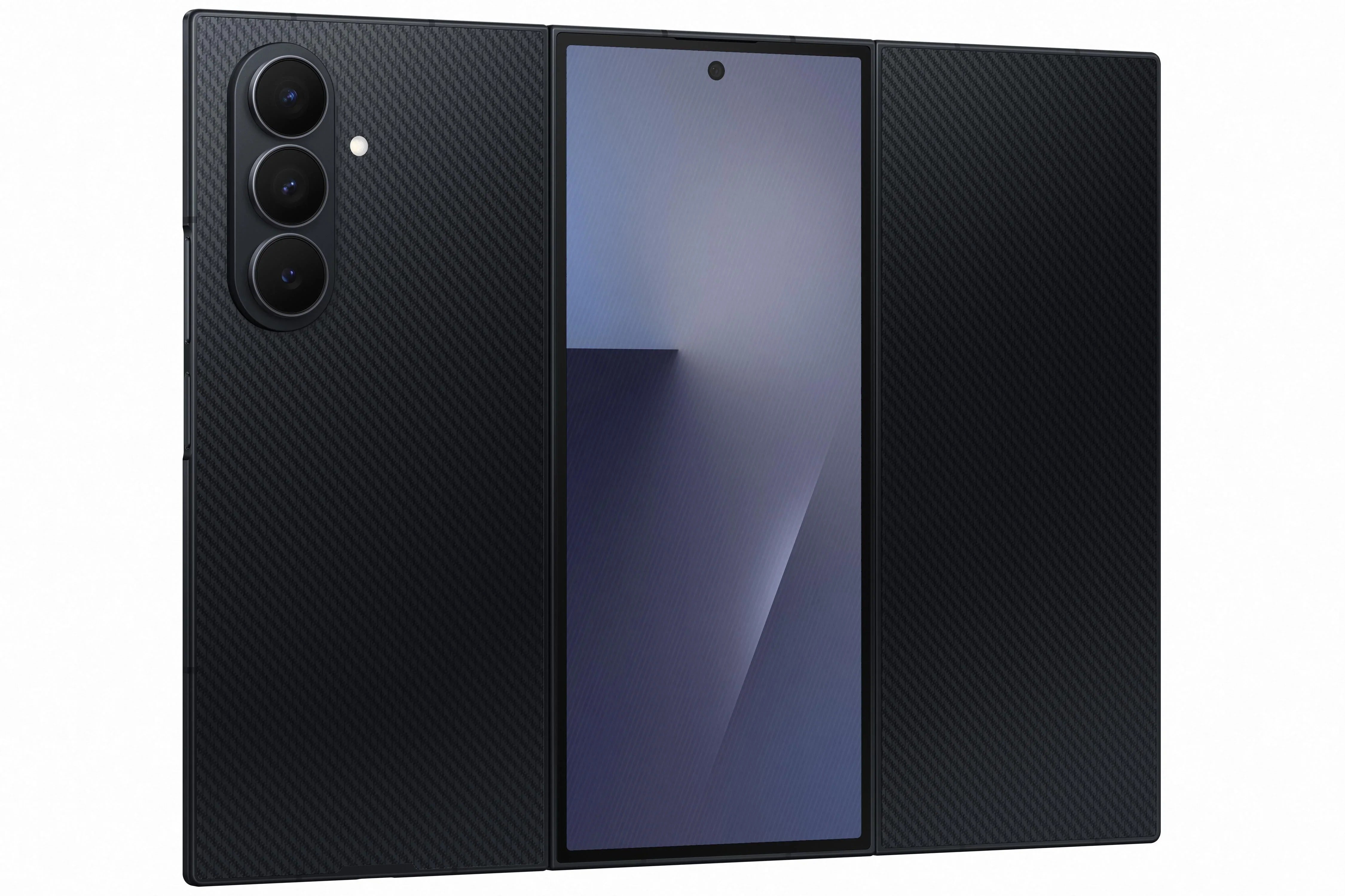 Carbon-fiber foldable smartphone fully unfolded, showing triple rear cameras and large inner display.