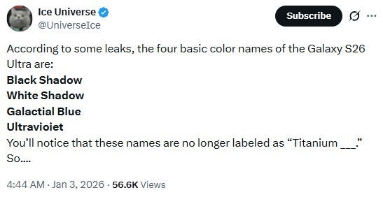 Tweet from Ice Universe containing important clue about Galaxy S26 Ultra.