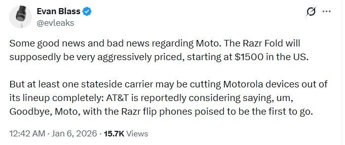 Tweet from Hall-of-Fame leaker Evan Blass reveals that Motorola phones might be dropped by AT&amp;amp;T. | Image credit-Evan Blass - U.S. Big 3 carrier might stop selling Motorola phones in its stores