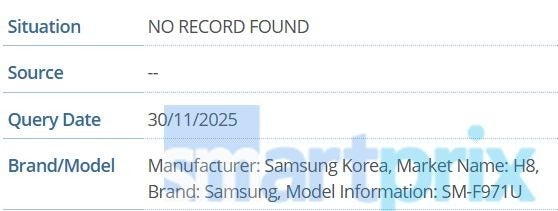 Database screenshot showing &ldquo;No record found&rdquo; for Samsung SM-F976U with query date 02/01/2026.