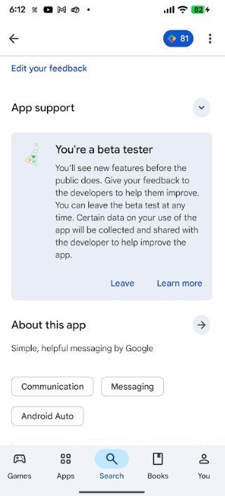Screenshot shows the listing for the Google Messages app seen by a beta tester for the app.