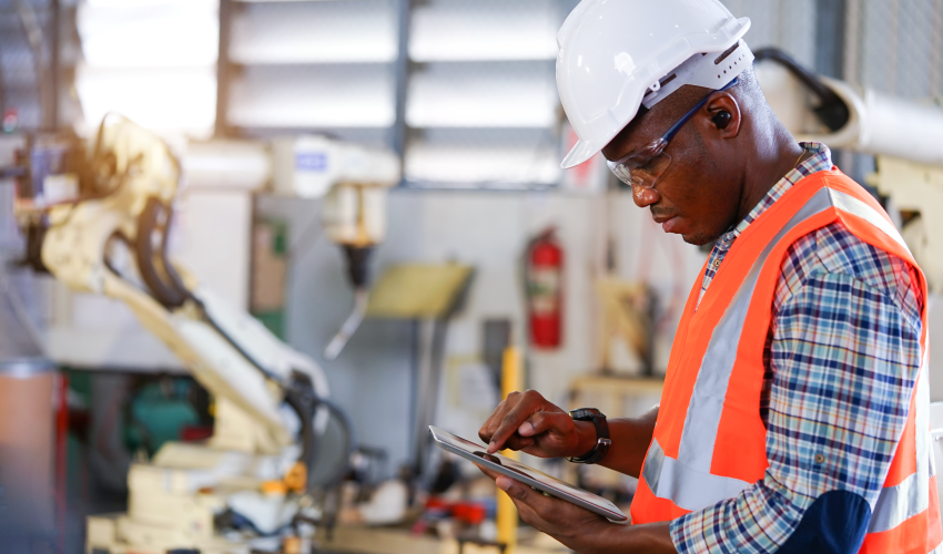 A photo of a man holding a tablet. 