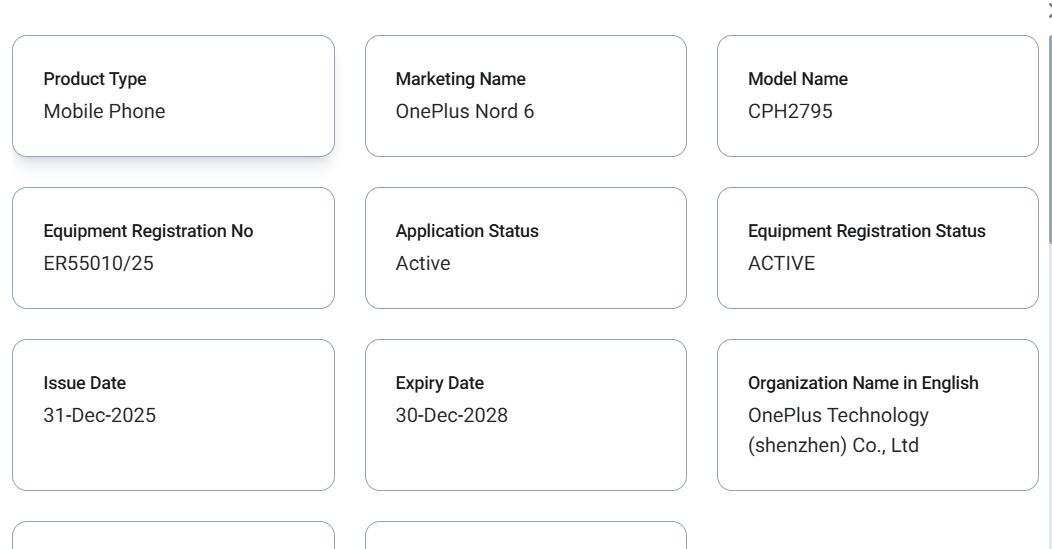 TDRA listing of the OnePlus Nord 6 | Image credit&mdash;TDRA - Revolutionary OnePlus Turbo 6 series goes official in China