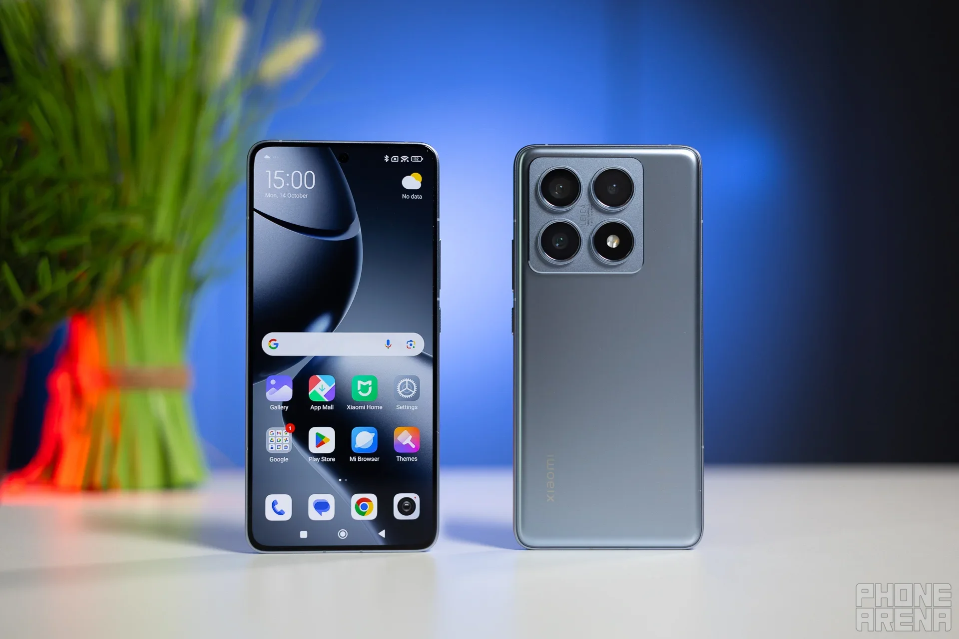 A Xiaomi phone on a desk.