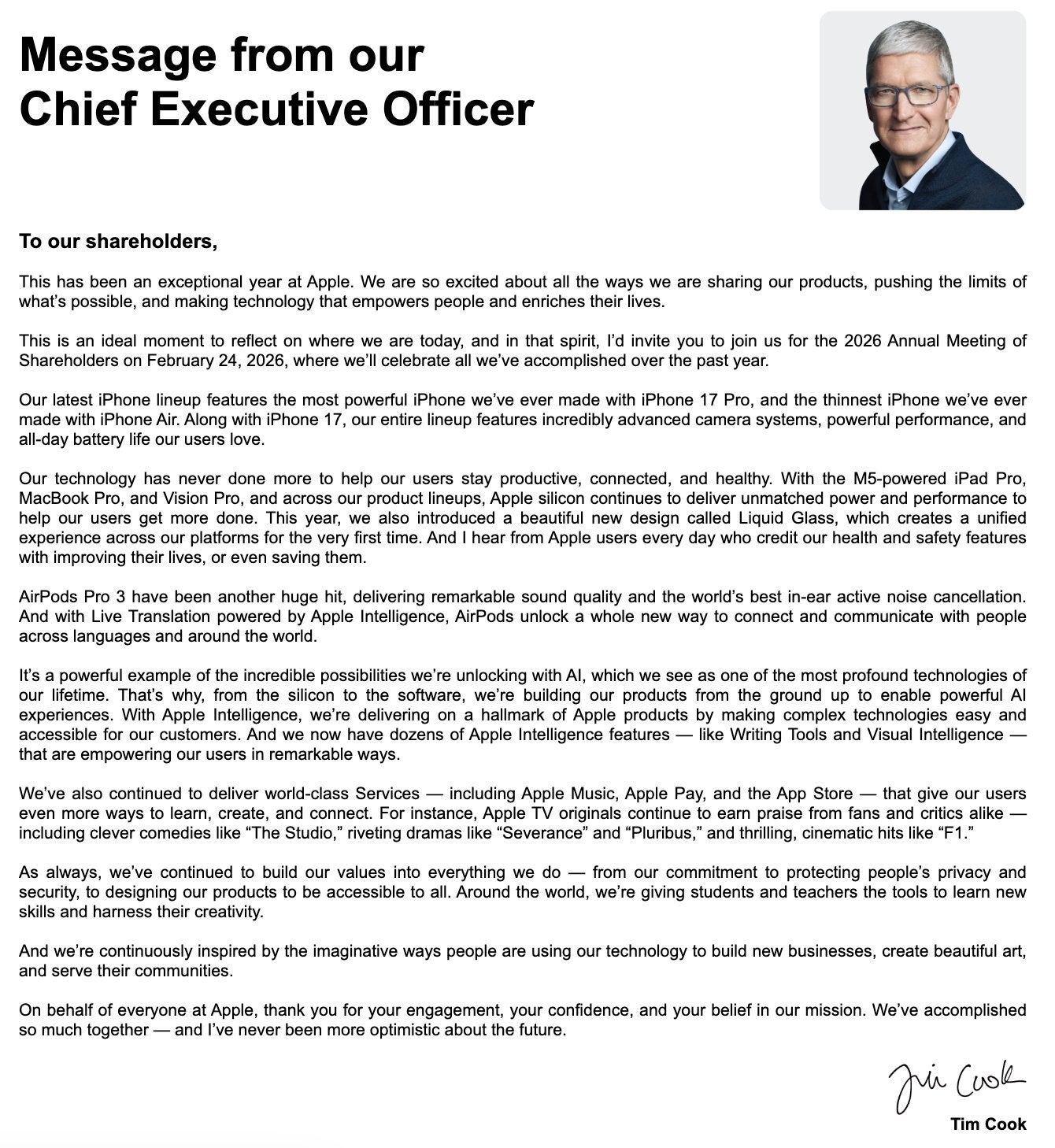 Apple CEO Tim Cook&amp;#039;s letter to shareholders