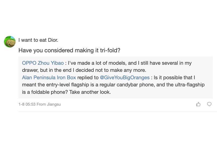Weibo screenshot of Zhou Yibao post on trifold