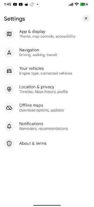 Screenshot shows Google Maps new Settings menu.