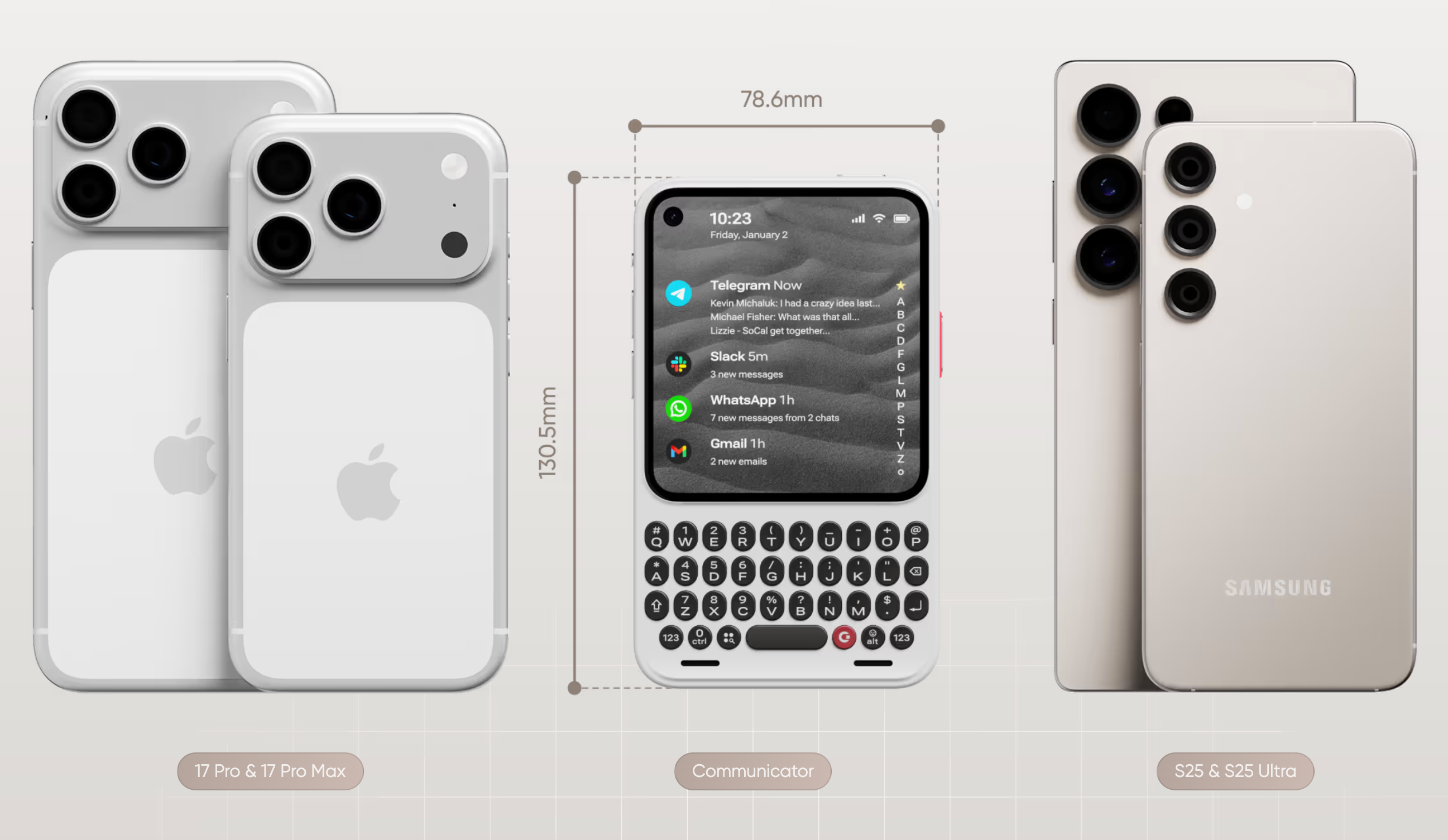 Clicks Communicator size comparison next to iPhone 17 Pro and Samsung Galaxy S25 Ultra