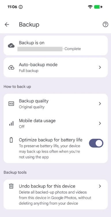 Optimize backup for battery life option in Google Photos.