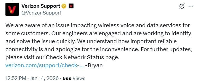 Verizon leaves a statement via tweet. | Image credit-X - Breaking News: Verizon is down suffering massive outage