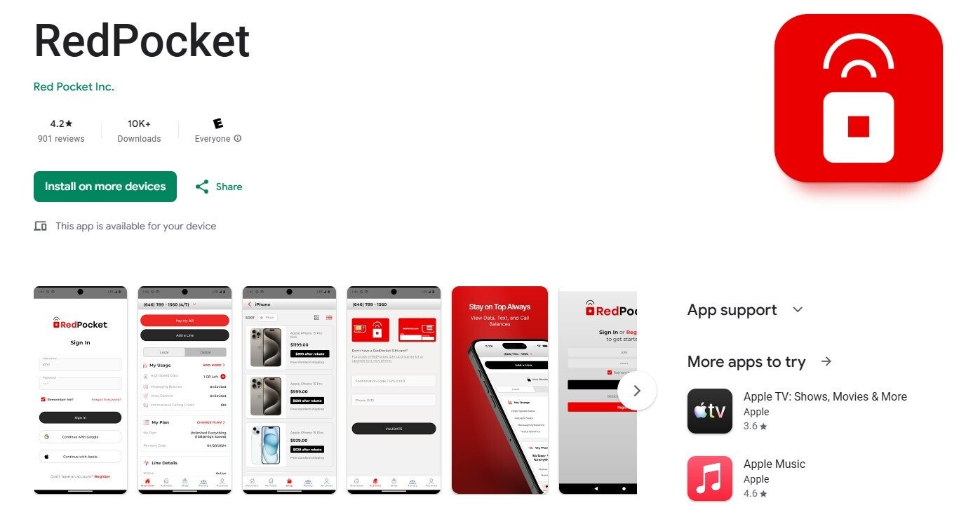RedPocket Mobile&amp;#039;s listing in the Google Play Store.