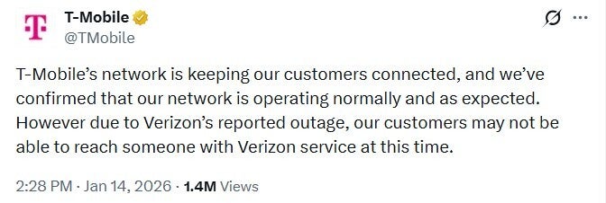 T-Mobile's tweet explains while some subscribers thought that the Un-carrier's network was also down. | Image credit-X - T-Mobile, AT&amp;T trolled Verizon during the outage, which might have started in New Jersey