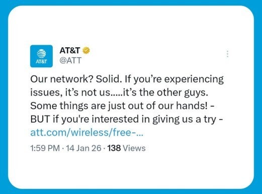 AT&amp;amp;T tells Verizon subscribers to try its service. | Image credit-Instagram - T-Mobile, AT&amp;T trolled Verizon during the outage, which might have started in New Jersey