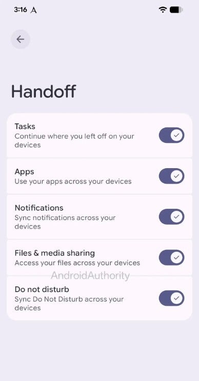 Handoff section in the Android Settings menu.