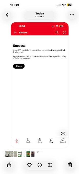 Screenshot of the My Verizon app with the $20 credit prompt.