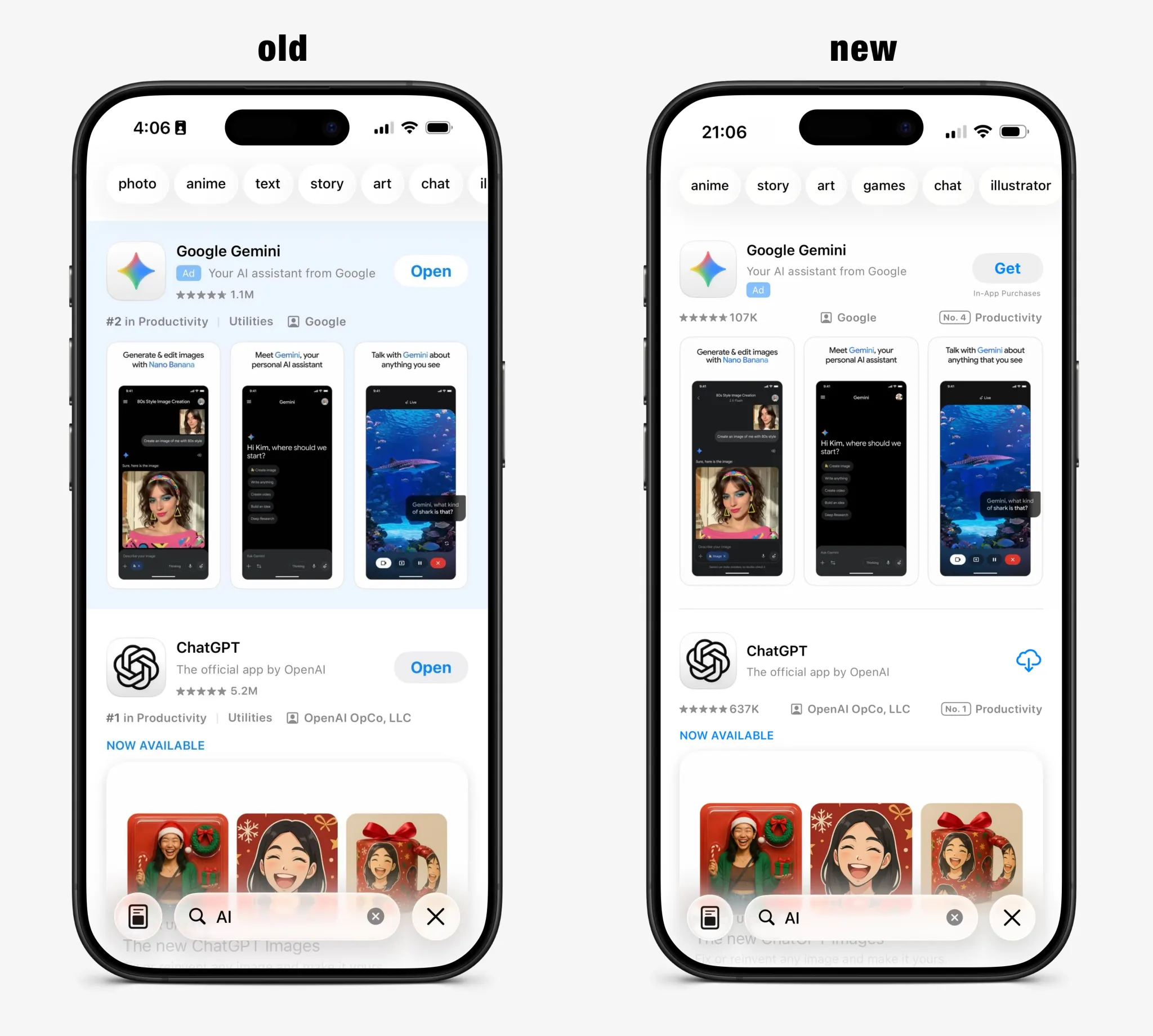 Comparison of the old and the new App Store search ads design. | Image credit &mdash; 9to5Mac - Apple is testing an App Store ads design that feels misleading