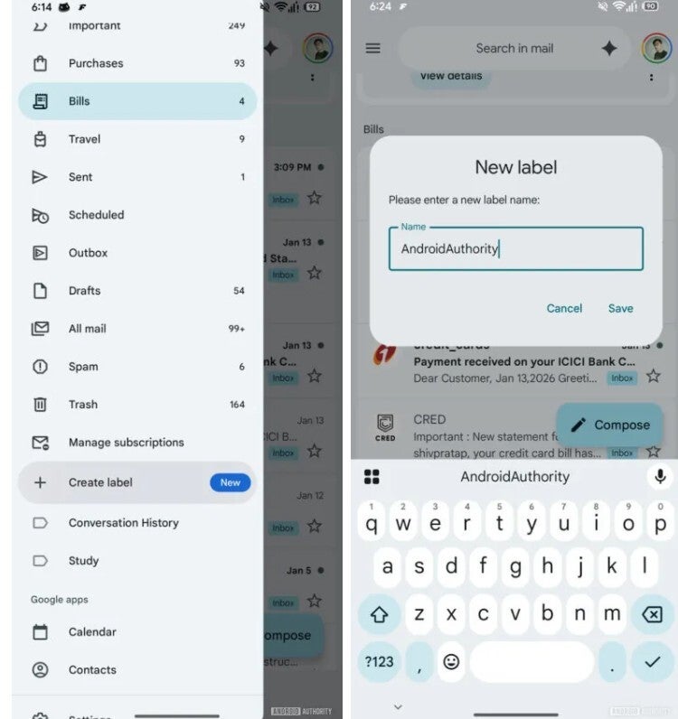 Screenshot showing custom label being created on Gmail for Android app.