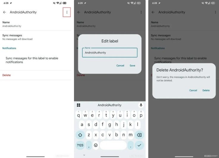 Screenshot showing custom label being deleted on Gmail for Android app.