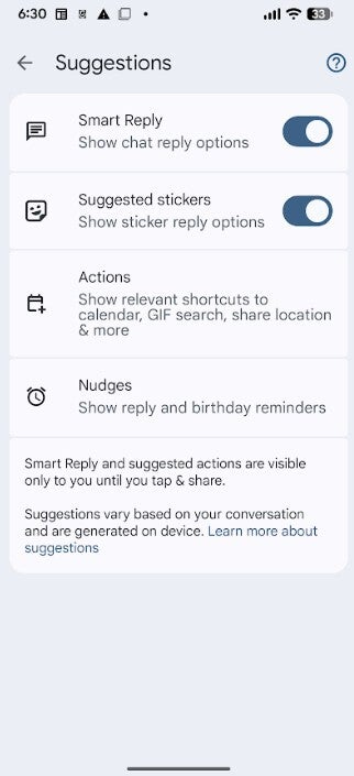 Screenshot of current Suggestions menu in the Google Messages app.