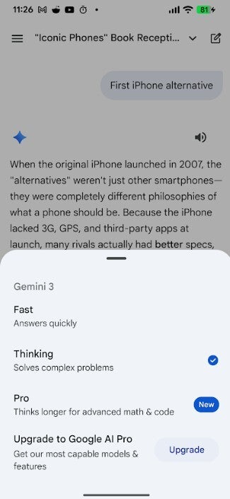 The different Modes available to Gemini users. | Image credit-PhoneArena - Google's new "Answer now" feature for Gemini avoids in-depth thinking in exchange for faster replies