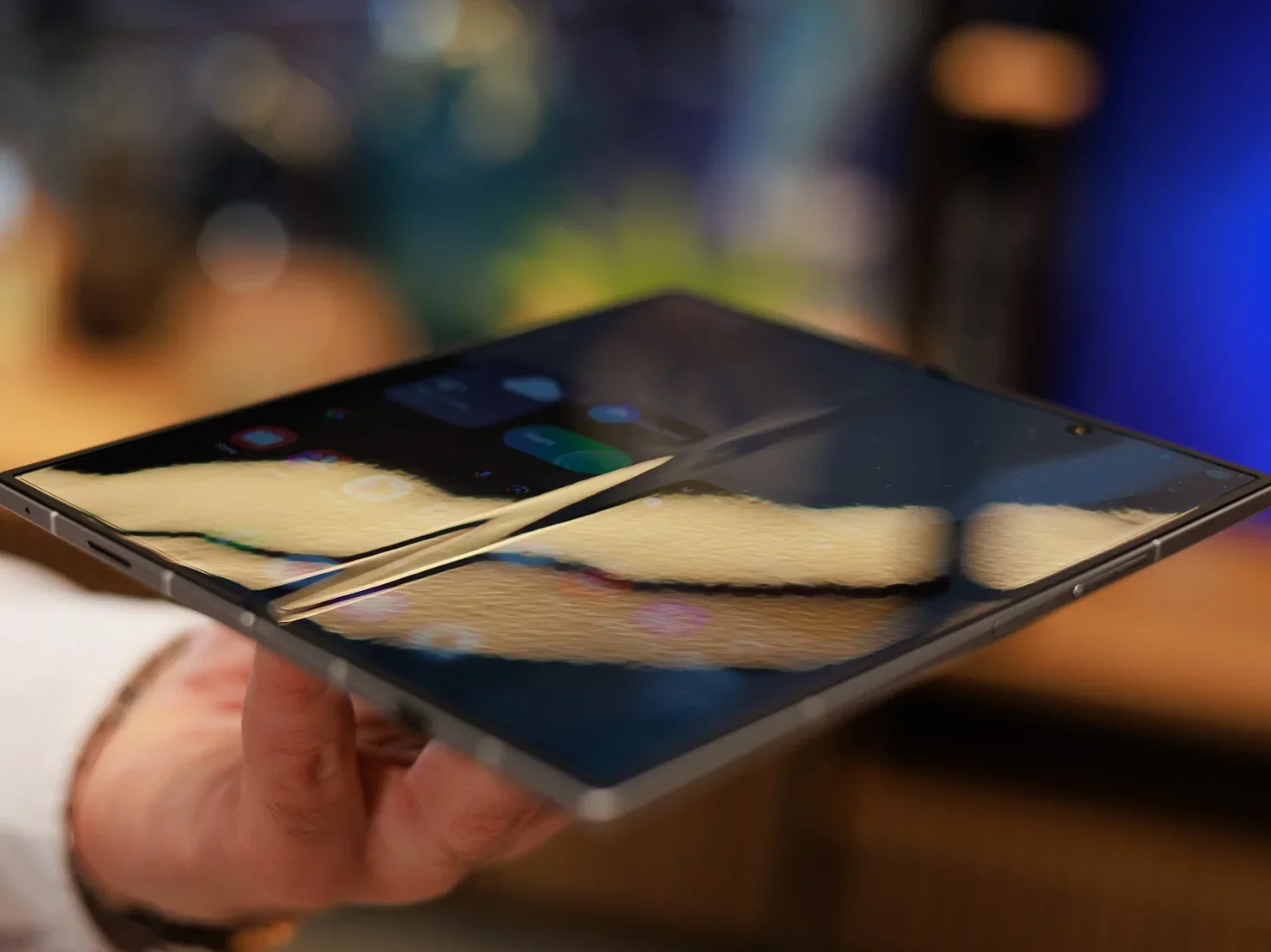 Galaxy Z Fold 7's crease. Although greatly improved from previous generations, it's still pretty much there. | Image Credit - PhoneArena - Apple's foldable iPhone may be pushing Samsung to make the Galaxy Z Fold 8 its boldest foldable yet
