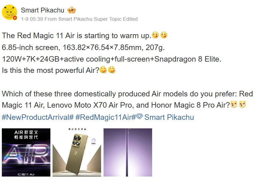 Smart Pikachu revealed more RedMagic 11 Air leaks ahead of launch - Last-minute details reveal 7,000mAh battery on this upcoming RedMagic phone