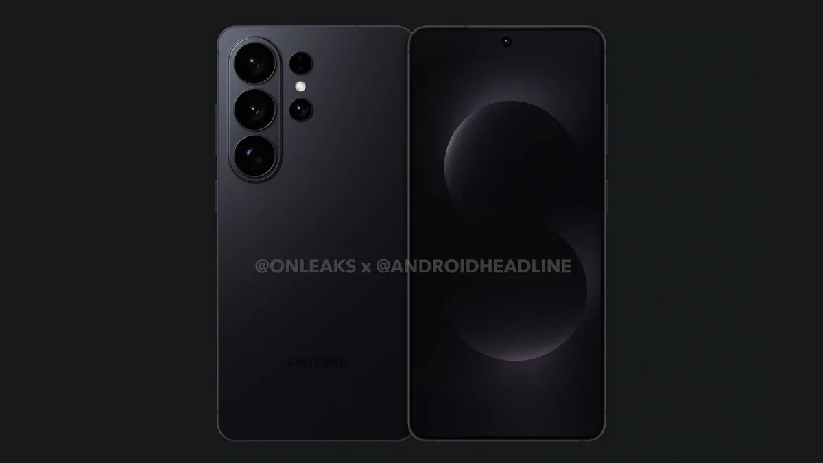 Render of the Galaxy S26 Ultra in Black displayed over a black background.