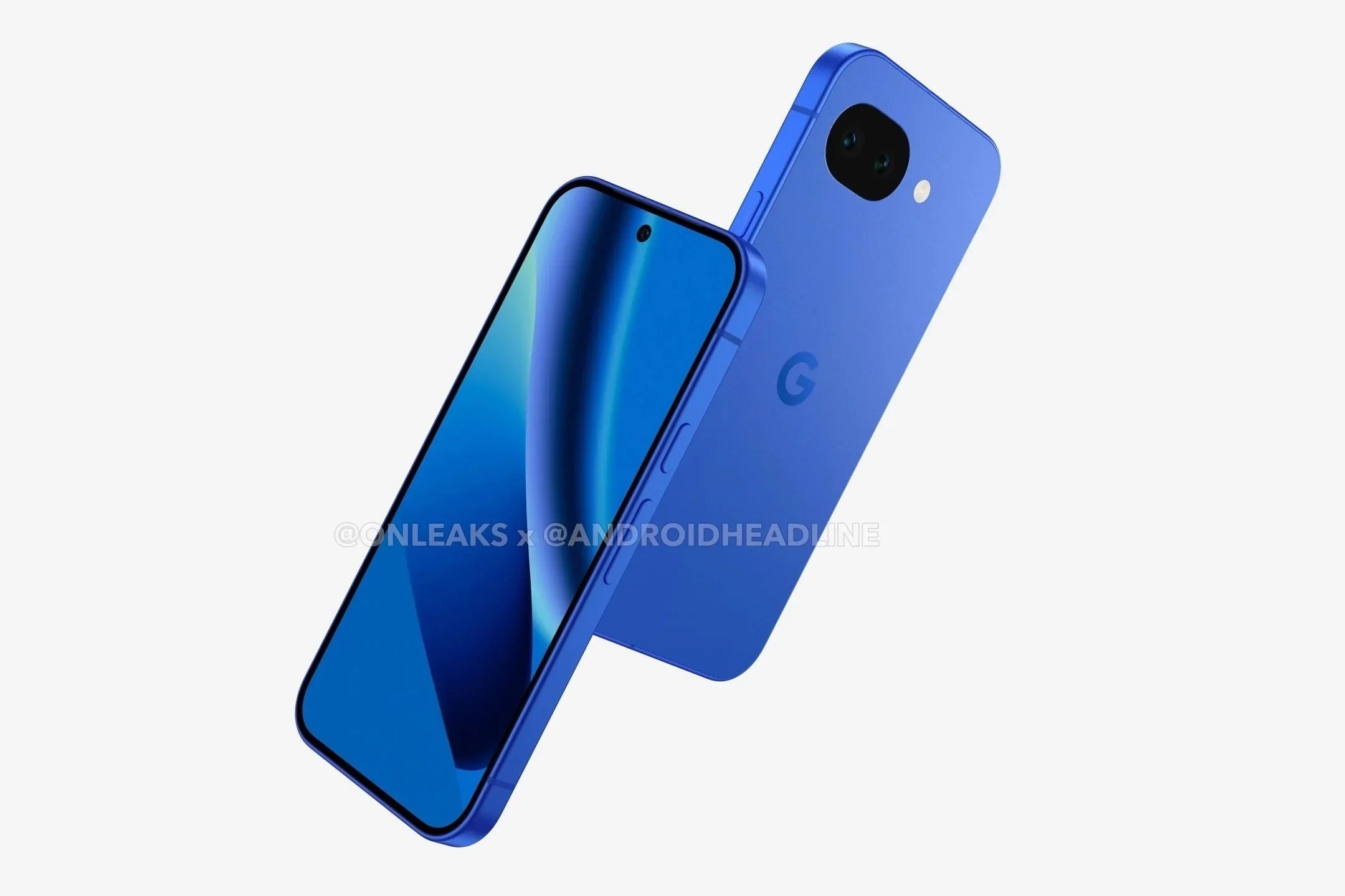 Google Pixel 10a blue color render, front and back