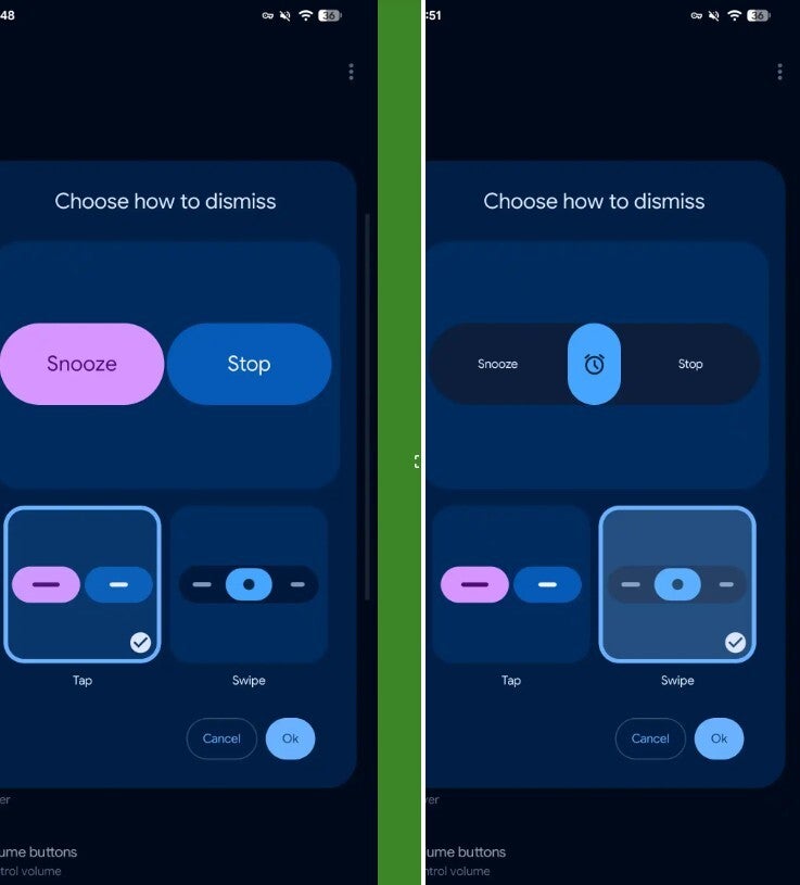 Screenshots show Tap to Dismiss and Swipe to Dismiss on Google Clock app.