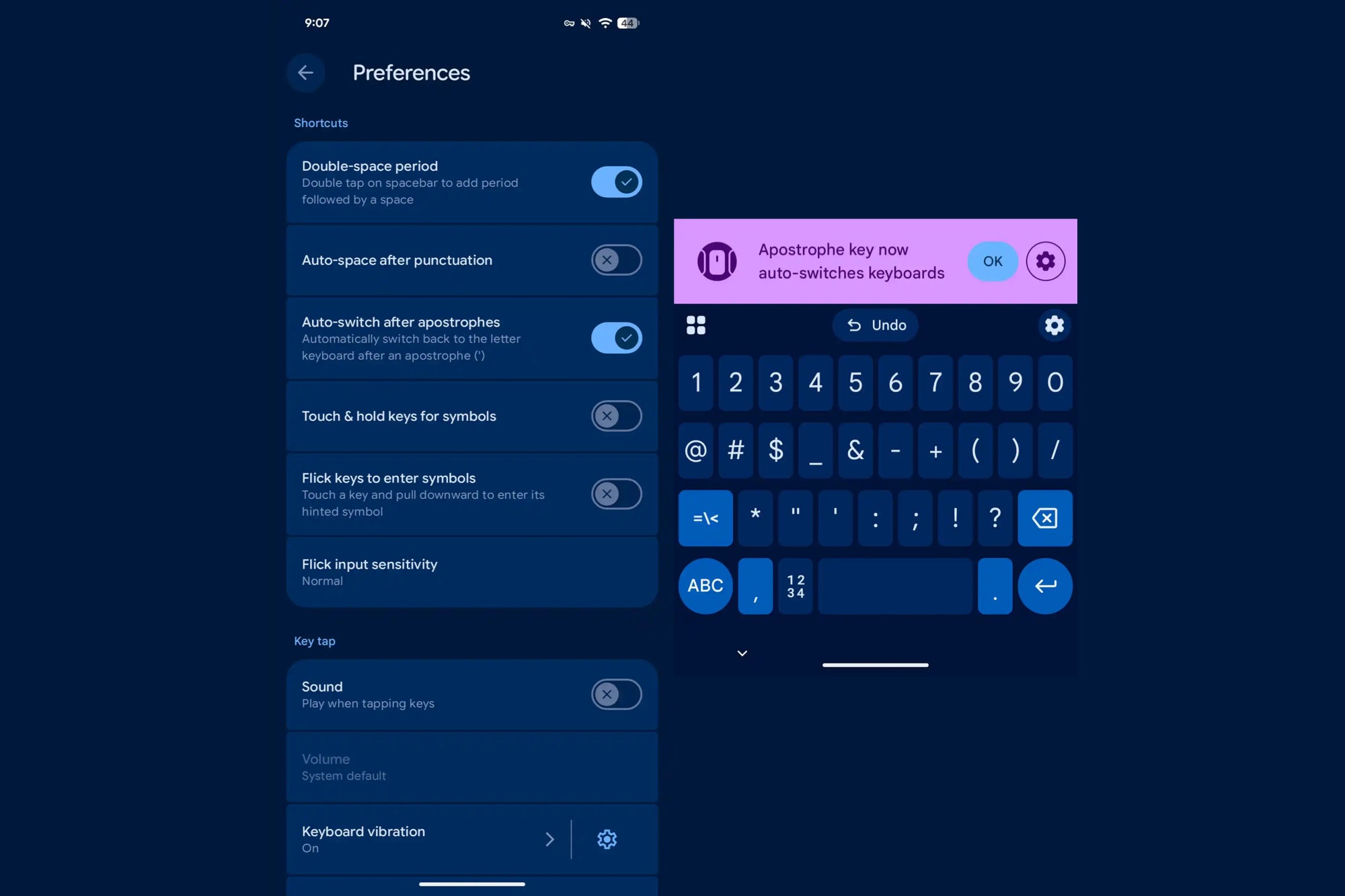 Gboard beta settings with the option to auto-switch after apostrophes