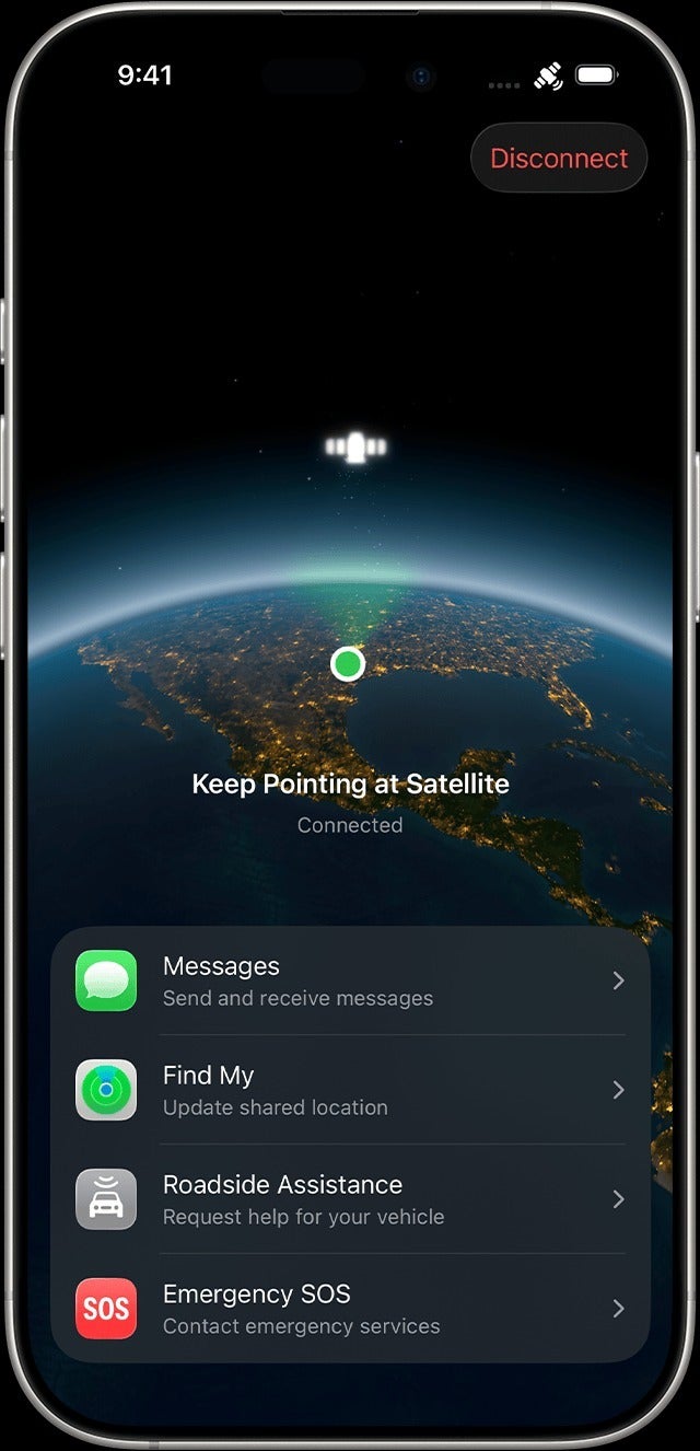 iPhone satellite connectivity screen showing Messages, Find My, and Emergency SOS